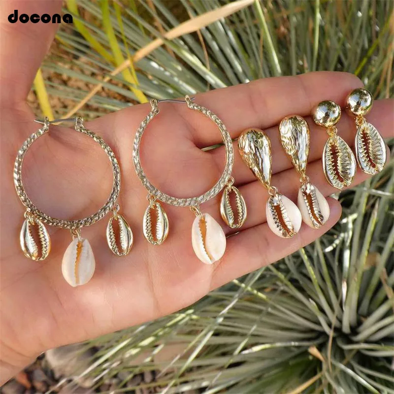 

docona Boho Beach Sea Shell Pendant Earring Set for Women Metal Conch Drop Dangle Earring Set Statement Jewelry Brincos 8078