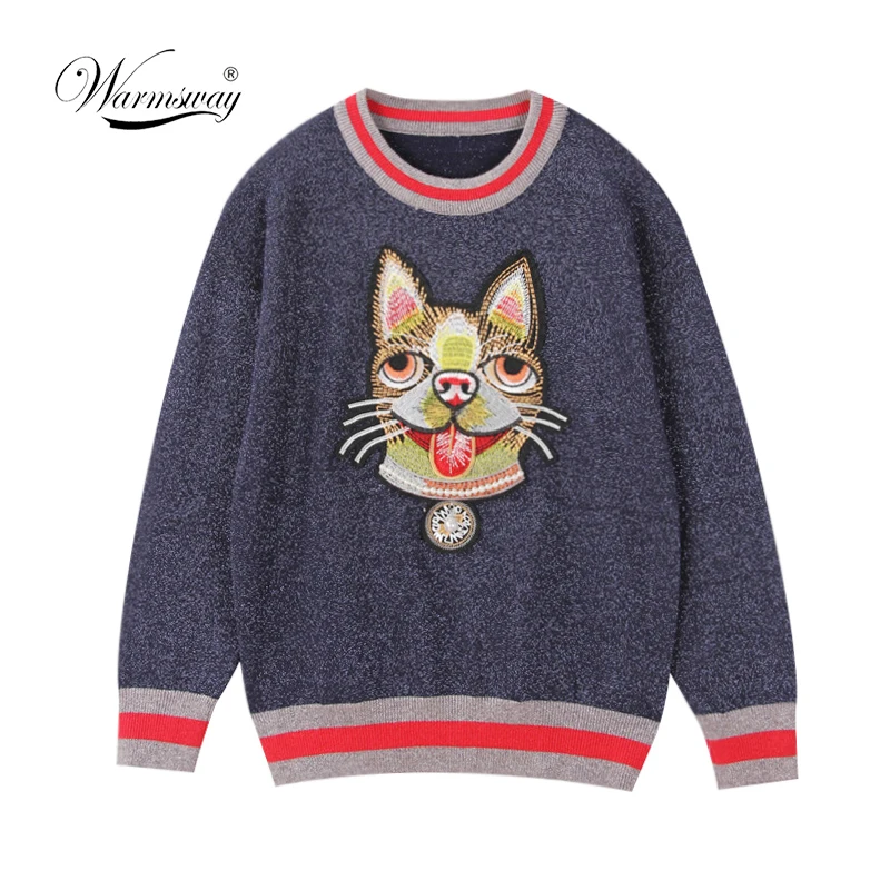 Warmsway Autumn Shiny Knitted Sweater Women Slim Fit Lurex Tops  woman scoop neck pearl beading Dog Appliques Pullovers  C-189