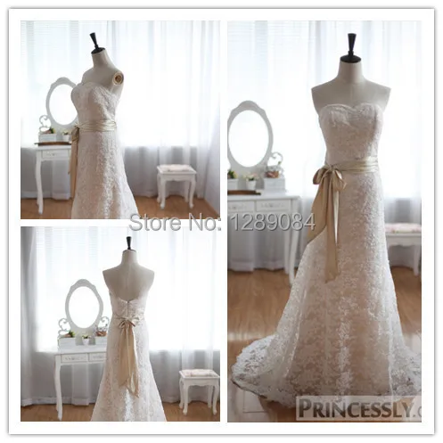 Real Picture Mermaid Sweetheart Sleeveless Court Train Bow Sashes Ivory Satin Vintage Lace Wedding Dresses Bridal Gowns 2015 | Свадьбы и