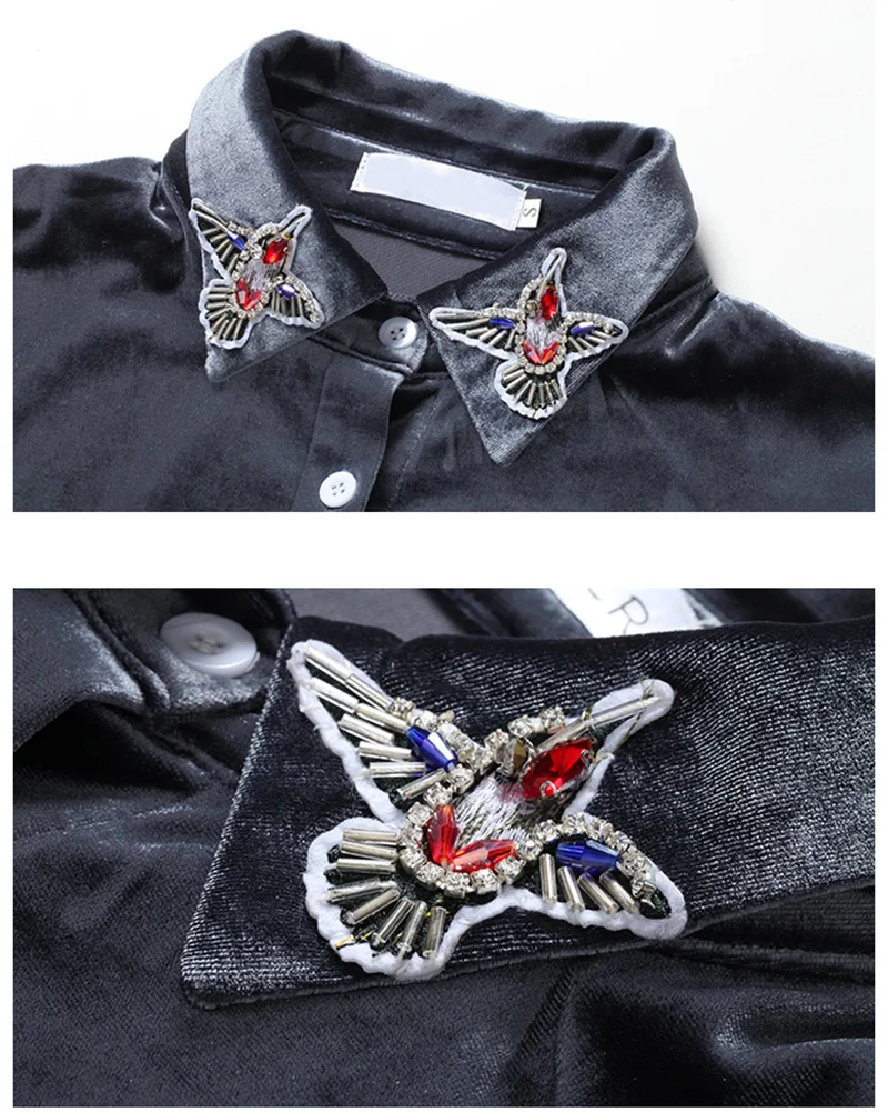 Kostlich Women Elegant Beading Embroidery Blouses And Shirts Autumn Winter Velvet Slim Grey Tops Retro Long Sleeve Casual Shirt (7)