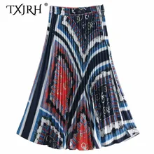 TXJRH винтажный геометрический якорь узлом печати высокая эластичная талия трапециевидной формы юбка Модные женские плиссированные длинные миди юбки mujer Femme