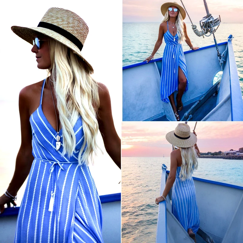 Для женщин летнее платье Boho Maxi Длинные штаны в полоску с лямкой на шее Вечеринка Пляжные наряды сарафан с неправильными в богемном стиле праздничное платье