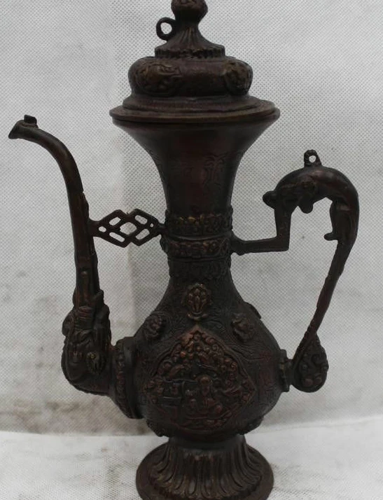 

11"China Chinese Folk Bronze Lucky Dragon head kettle water jug Statue