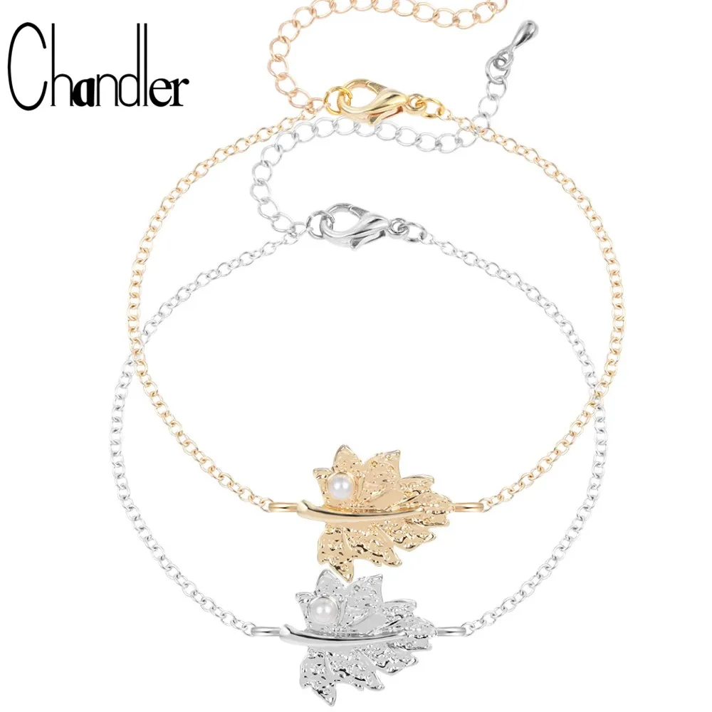 

Chandler Maple Leaf Bracelet For Women Simulated Pearl Alloy Charm Bracelets Simple Adjustable Anklet Fashion Mini Beach Jewelry