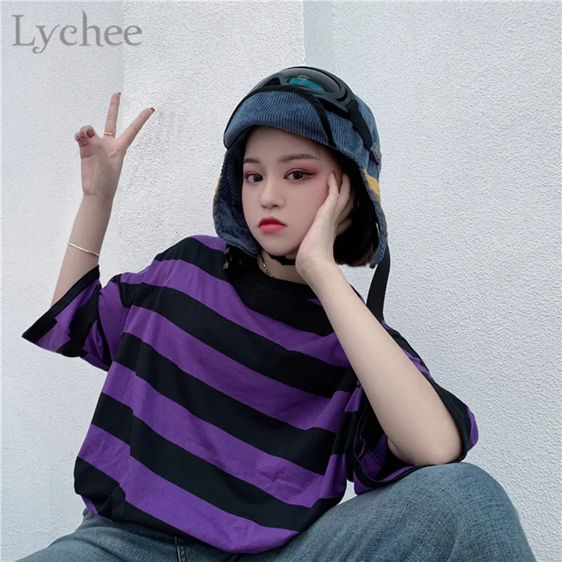 Lychee модные хит Цвет в полоску Женская футболка с длинным рукавом коротким и О