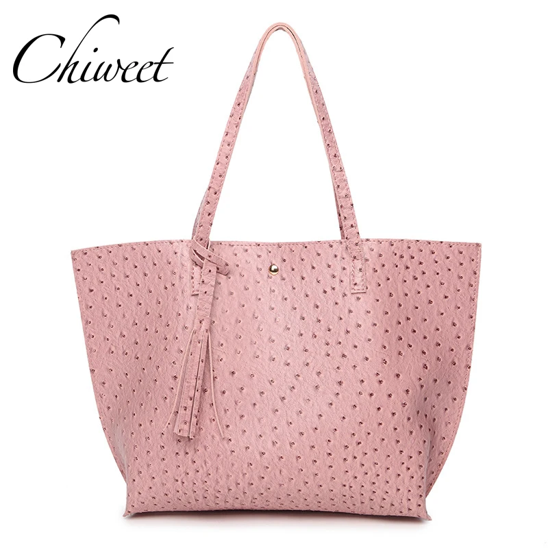 Designer Ostrich Pattern PU Leather Handbags Brand Luxury Pink Large Shoulder Bag For Women ...