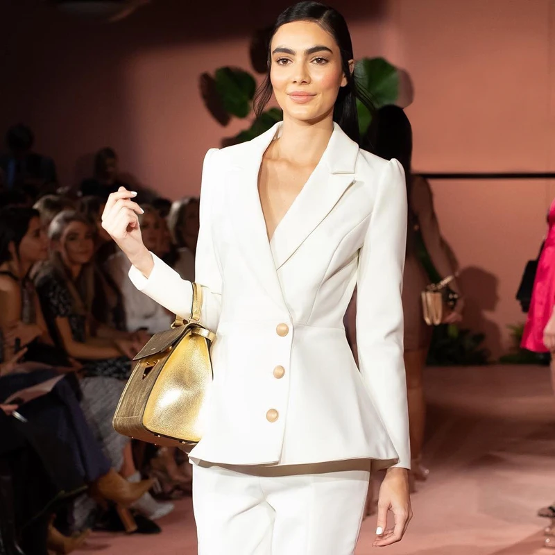 Gosexy 2018 New Women White Two Piece Sets Office Lady V-Neck Sexy Set Single Breasted Long Sleeve Full Length Pants Fashion