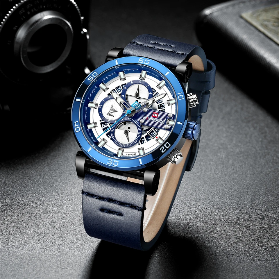 NAVIFORCE Sport Chronograph Men Watch Fashion Analog Leather Army Military Man Quartz Clock Relogio