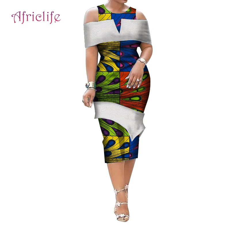 Модная сексуальная женская одежда с принтом Дашики, с круглым вырезом, юбка до середины икры с кружевом, африканские платья для женщин WY4676