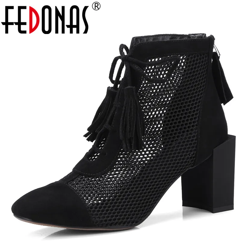 

FEDONAS 1Fashion Women Ankle Boots Spring Autumn Suede Leather High Heels Shoes Woman Square Toe Fringe Office Party Basic Boots