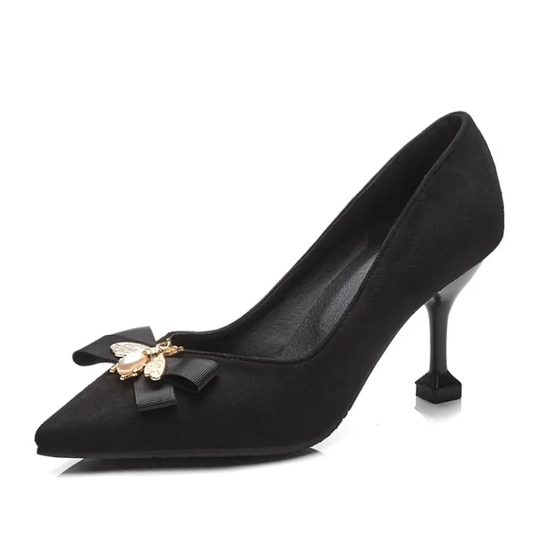 BeckyWalk/желтые/черные женские туфли на шпильке; сезон весна; женские туфли-лодочки с острым носком; модельные туфли на высоком каблуке с бантом в виде пчелы; женская обувь; WSH2630