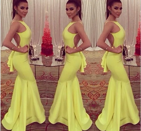 

free shipping robe de soiree 2014 new hot&sexy backless vestidos de fiesta yellow long chiffon mermaid party gown evenng dresses