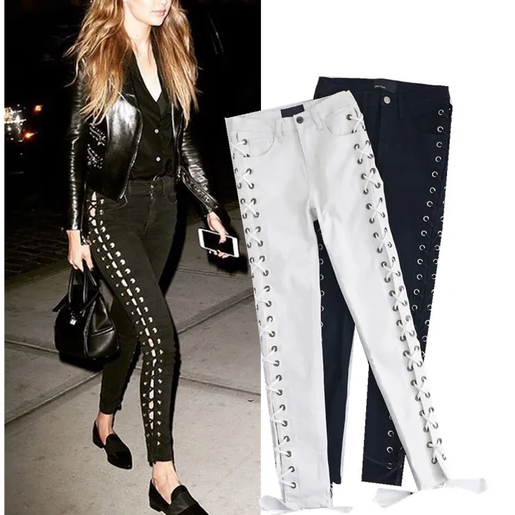 

Women High Waisted Plunging Eyelet Lace Up Skinny Sexy Pencil Pants Two Sides Hollow Out Cross Strap Lace-up Ladies Jeans