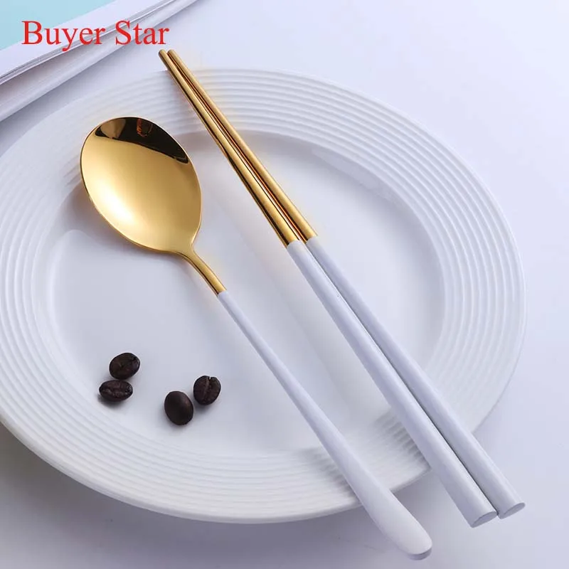 2 комплекта корейской ложки набор посуды из нержавеющей стали Набор Посуды Золотой Хаши палочки для еды и ложки набор металлических палочки для суши - Цвет: 2sets