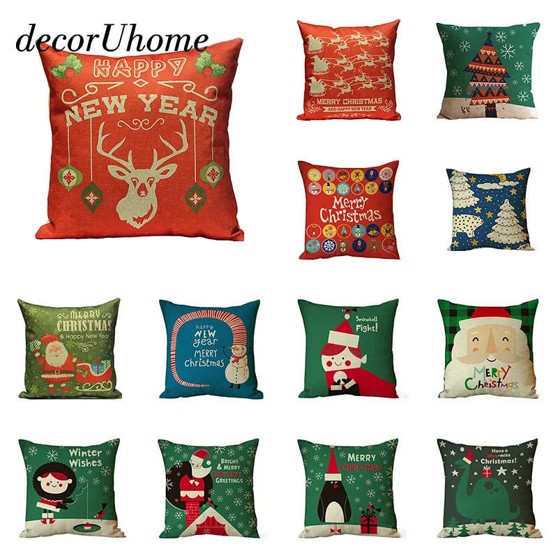 decorUhome Christmas Letters Linen Pillow Case New Year Elk Santa