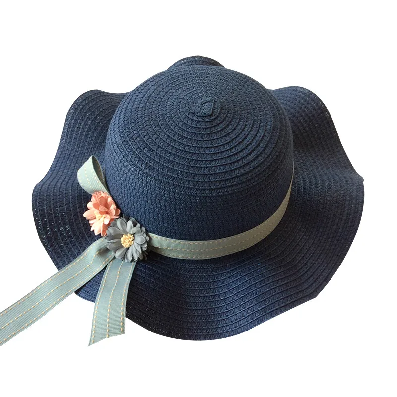 Детская Летняя шляпка Цветочная соломенная шляпа для девочек Детские Солнцезащитные кепки шляпы для девочек шапки - Цвет: Тёмно-синий