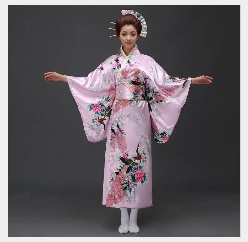 Винтаж японский Леди шелковый атлас кимоно женщина юката с Оби Новинка Вечеринка платье Косплэй костюм цветок один размер b-020 - Цвет: Pink