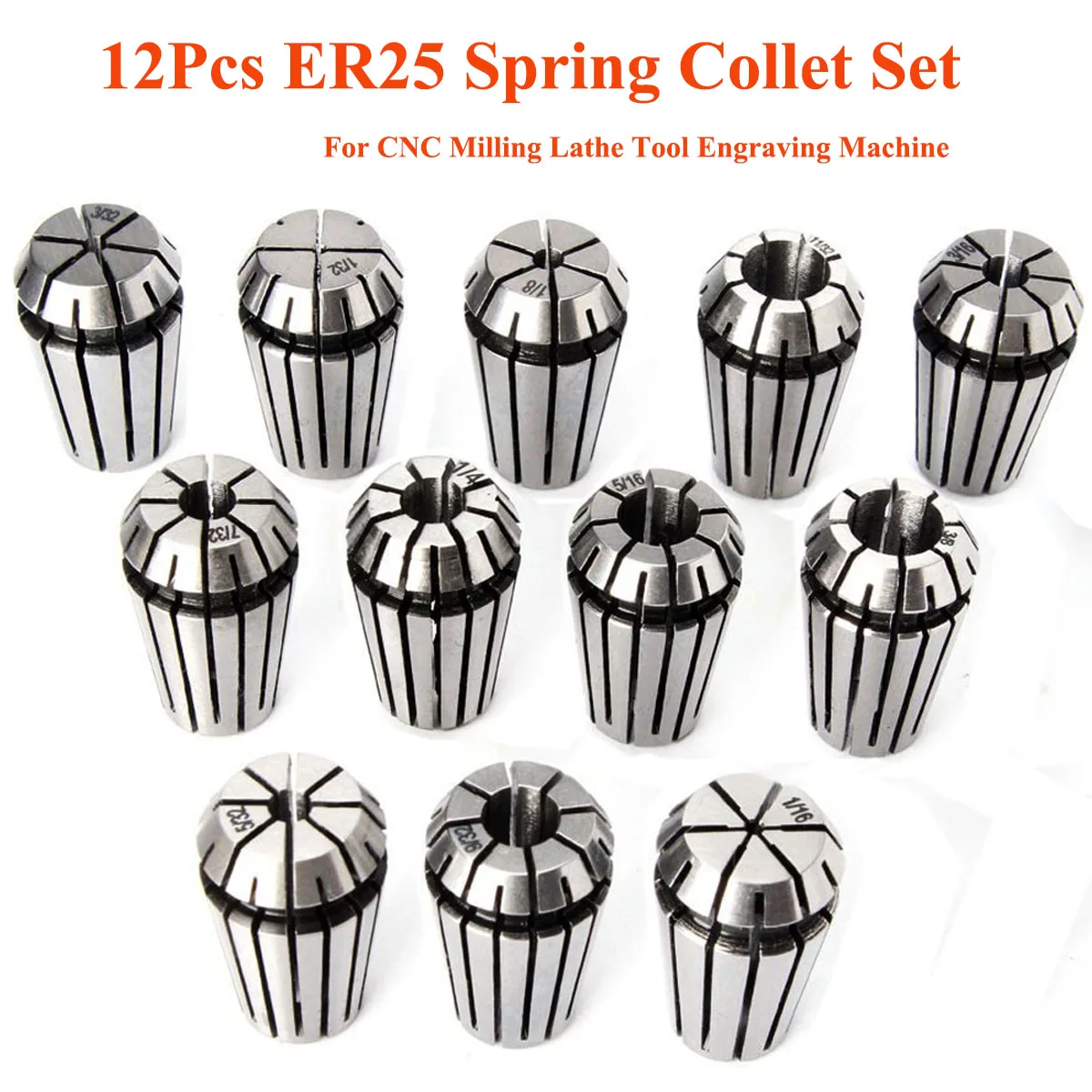 

12pcs ER25 Chuck Collet 1/8 to 5/8 Inch Spring Collet Set for CNC Milling Lathe Tool Machine Tool Holder ER25 Collet