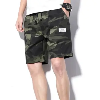 

Mens Plus Size Elastic Waist Drawstring Summer Cargo Shorts Camouflage Print Casual Letters Logo Patch Beach Pants With Pockets