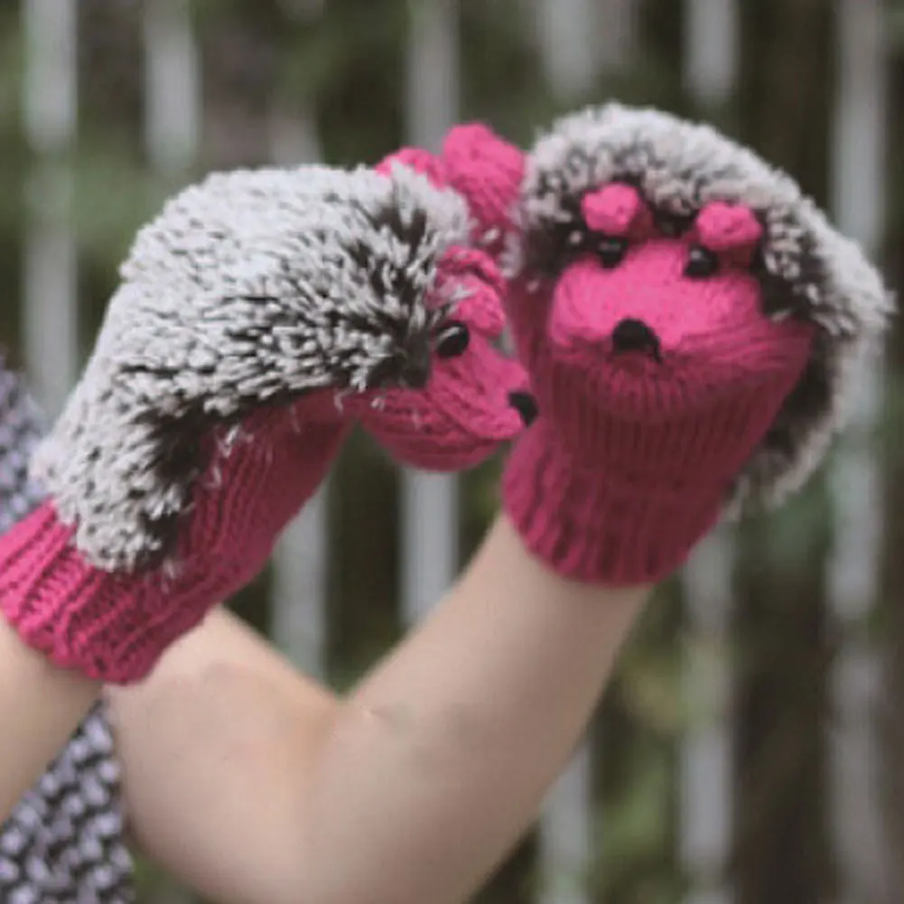 Женские зимние теплые шерстяные перчатки с широкими пальцами милые варежки с рисунком ежика