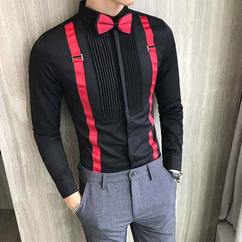 Baratos Camisa de esmoquin plisada con correa de moño frontal de manga larga ajustada para hombre camisas de vestir negro rojo blanco para boda camisas sociales para hombre