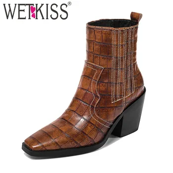 

WETKISS Emboss Pu Chelsea Boots Women Cowboy Ankle Boot Winter Shoes Female High Heels Shoes Ladies Square Toe Western Shoes