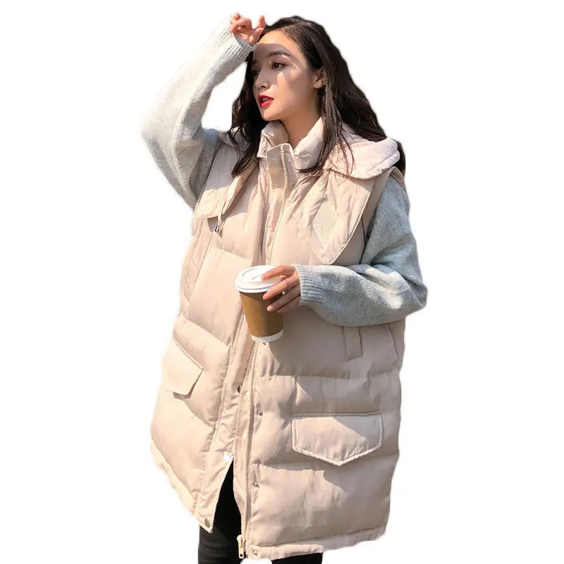 

Hooded Down Cotton Coat Vest Female Long Section Loose Large Size 2019 Autumn Winter New Women Thick Sleeveless Parkas LQ607