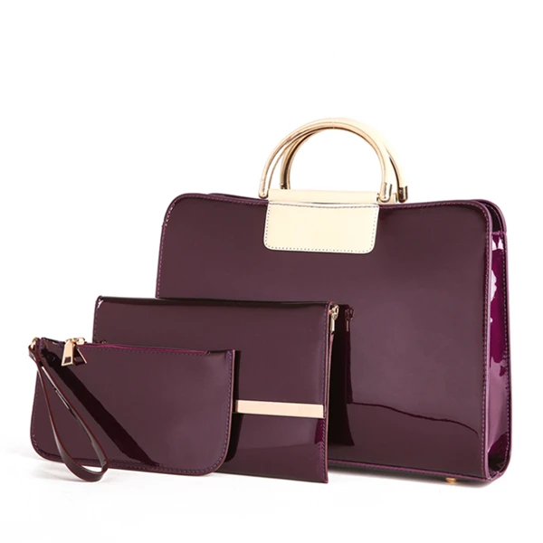 3 комплекта, женские сумки, высокое качество, лакированная кожа, женские сумки, Роскошные бренды, тоут+ дамская сумка через плечо+ клатч - Цвет: Purple