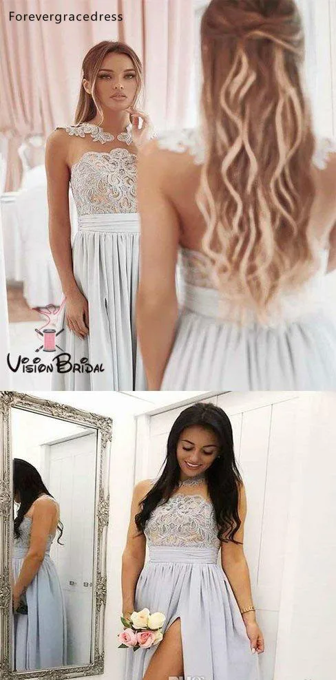 2019 Summer Country Bridesmaid Dresses A Line Sheer Neck Lace Appliques Chiffon Skirt Split Maid of Honor Gowns Plus Size  89 (1)