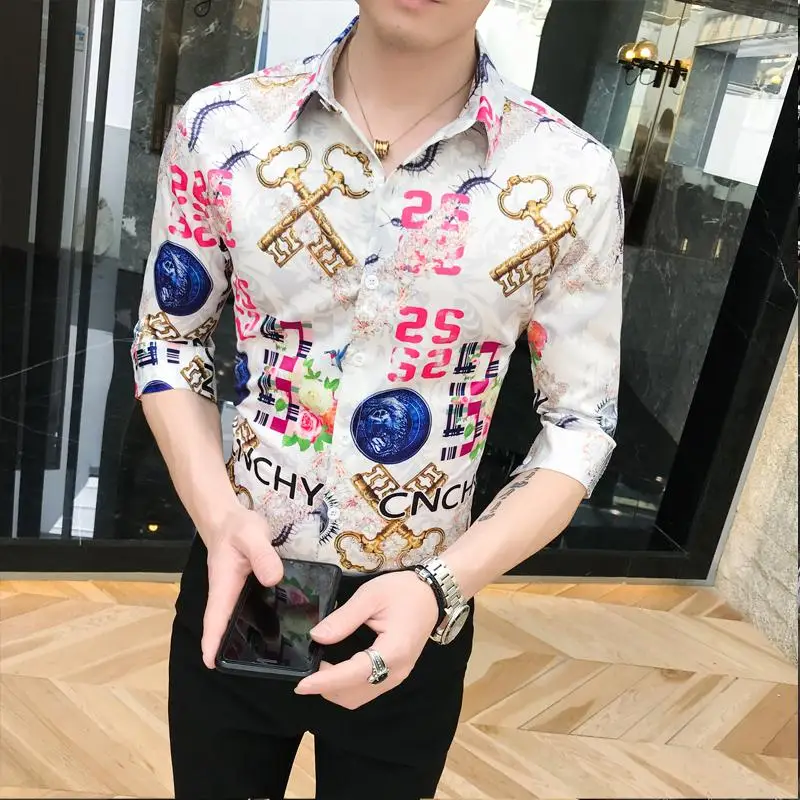 

Social Shirts for Men Half sleeve Lapel collar Mens dress Shirts Hip hop Fashion Blouse Men's Clothing Summer Black White