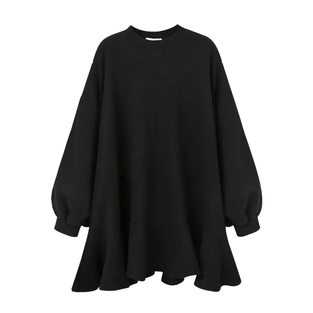 Для женщин Свободные шею тряпки блузки черные рубашки Для женщин с длинным рукавом оборчатый высокий и низкий блуза с подшитой горловиной