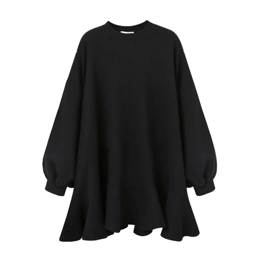

Women's Loose Round Neck Rags blouses black shirts Womens Long Sleeve Ruffled High And Low Hem Tops blusas femininas elegante