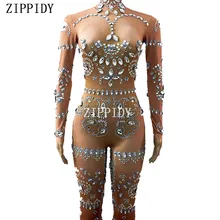 Glisten Kristaller Taşlar Tulum Seksi akşam partisi kıyafeti Parlak Rhinestones Bodysuit Kostüm Balo Doğum Günü Kutlamak Kıyafet