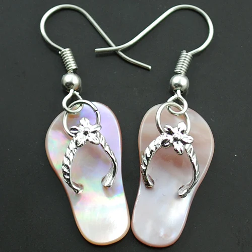 

New Pair of MOP Pink Shell Slipper Shoes Dangle Earrings Beads