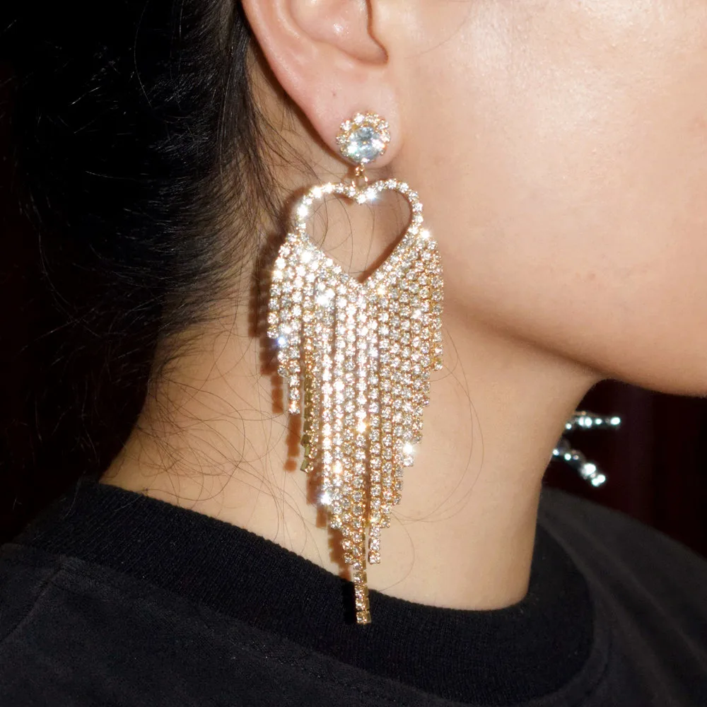 Super Bling Rhinestone Heart Charms Chain Tassel Earrings For Women