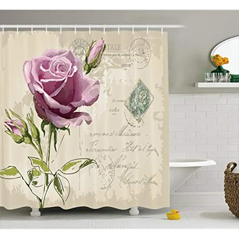 

Vixm Rose Shower Curtain Vintage Postcard with Delicate Rose Blossom Hand Drawing Artsy Print Fabric Bath Curtains