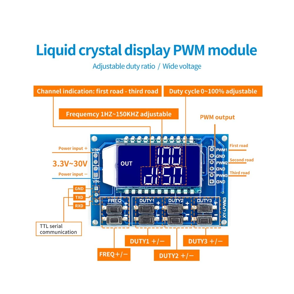 

Signal Generator PWM Pulse Frequency Duty Cycle Adjustable Module LCD Display 1Hz-150Khz 3.3V-30V PWM Board Module