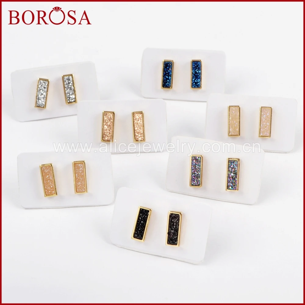 BOROSA 5/10 пар в комплекте; прямоугольник огранка золотого цвета Радужный Титан Druzy серьги-гвоздики Агат Drusy Серьги с драгоценными камнями Для женщин ювелирные изделия ZG0280