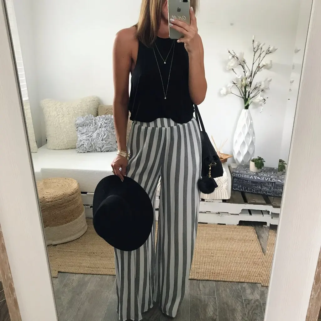 Wide Leg Pants High Waist Trousers For Women Ladies Solid Palazzo Long Loose Casual Striped Pants