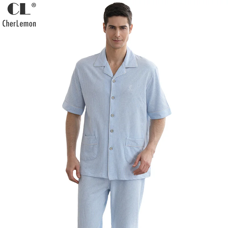 CherLemon Nightwear Mens Pure Colored Cotton Pajama Set Summer Casual