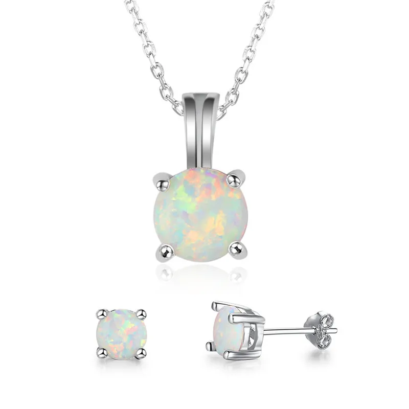 

Jsmpfy 925 Sterling Silver Necklaces +Stud Earring Jewelry Sets Simple Rainbow Color Opal Four Claw Pendant Necklace For Women