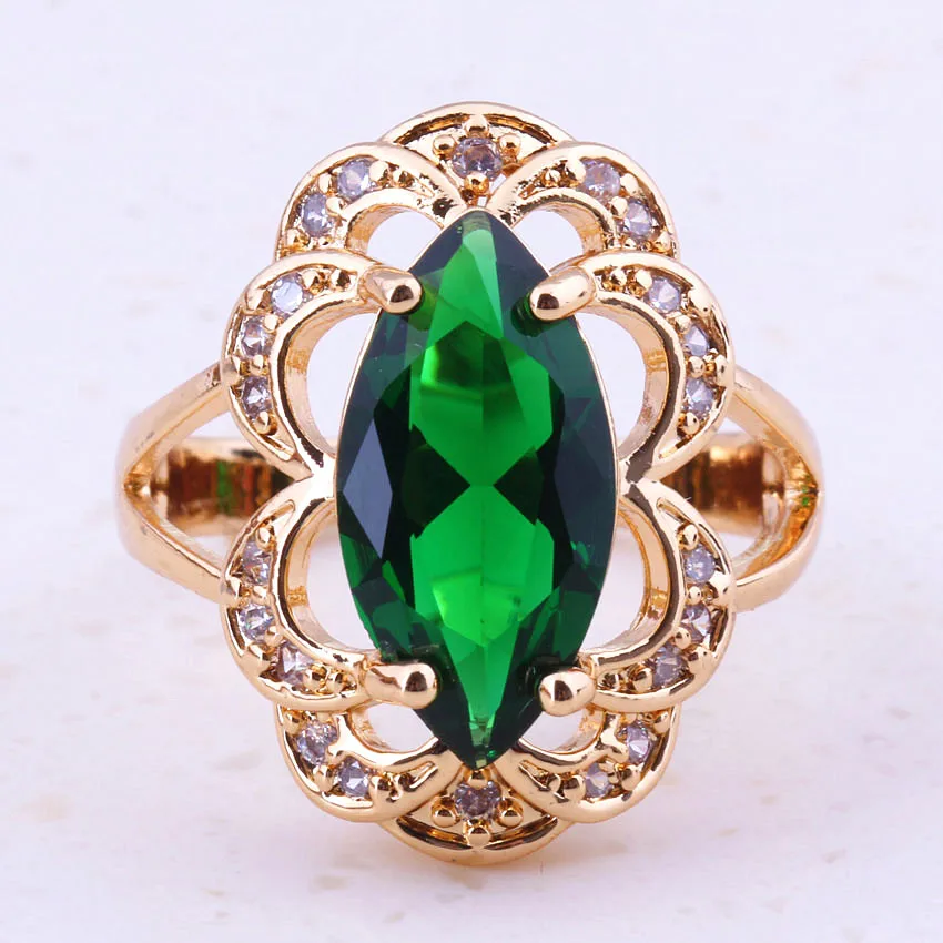 Magnificent Green Synthetic Emerald & Cubic CZ Yellow Gold Color Wedding Engagement Rings Women