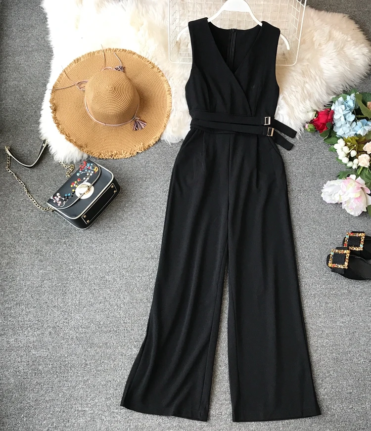 ALPHALMODA 2019 Spring Ladies Sleeveless Solid Jumpsuits V-neck High Waist Sashes Women Casual Wide Leg Rompers ALPHALMODA 2019 Spring Ladies Sleeveless Solid Jumpsuits V-neck High Waist Sashes Women Casual Wide Leg Rompers
