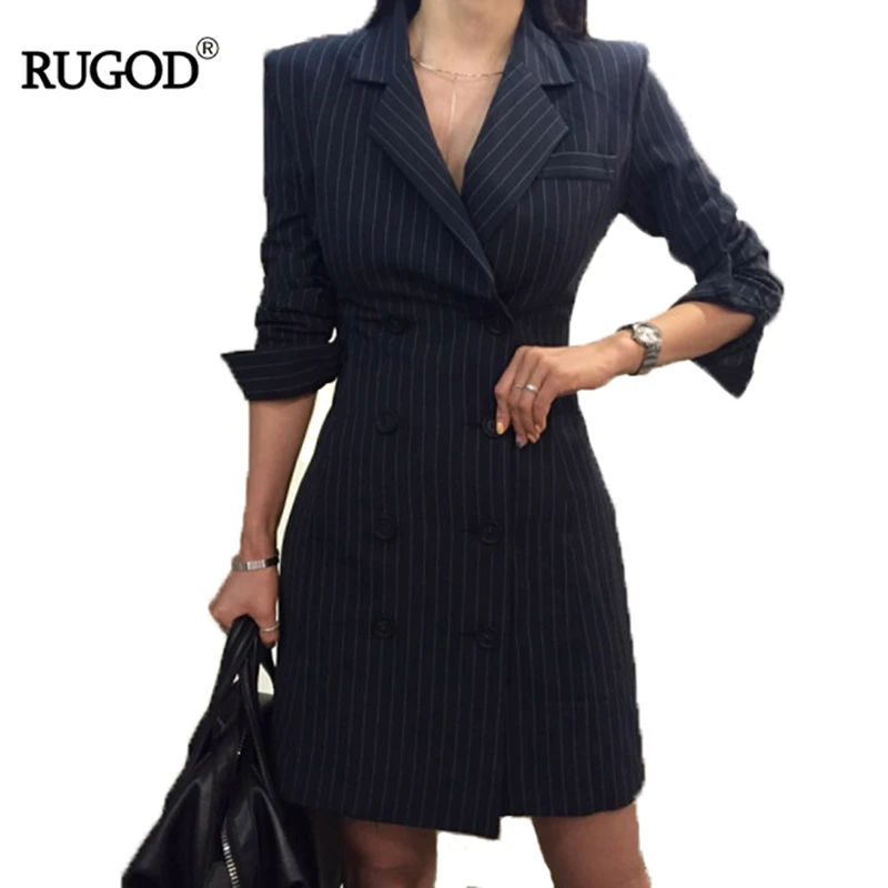 

RUGOD 2019 New Office Lady Long Sleeve Profession Women Dress Empire Straight Striped Double Button Turn-down Collar Mini Dress