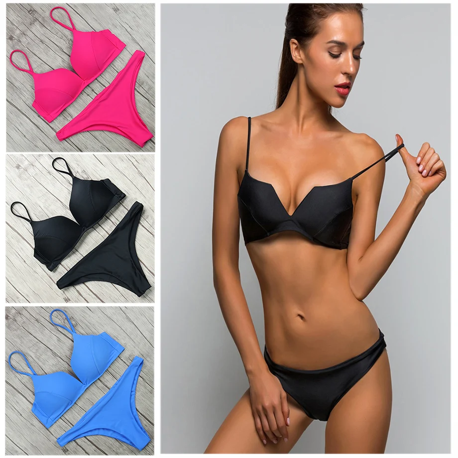 

Bikini 2018 Soild Swimwear Women With Padding Summer Sexy Brazilian Female Swimsuit Low Waist Halter Top Push Up Biquini Sets