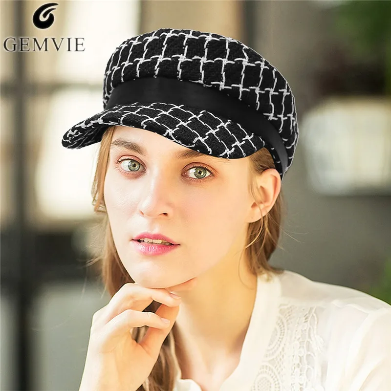 

GEMVIE Classical Plaid Newsboy Hat For Women Girls Fashion Flat Top Long Ribbon Beret Cap Casual Military Hat Painter Hat