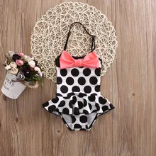 Цельный купальный костюм в горошек с бантом для маленьких девочек; пляжная одежда; юбка с открытой спиной; купальный костюм