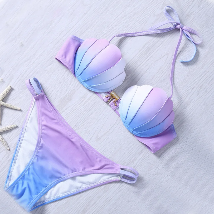

Women Bikinis Set Conchoid Padded Bra Gradient 3D Print Two Pieces Bikini Push Up Swimsuit Conchoidal Biquini Sexy Shell Trikini