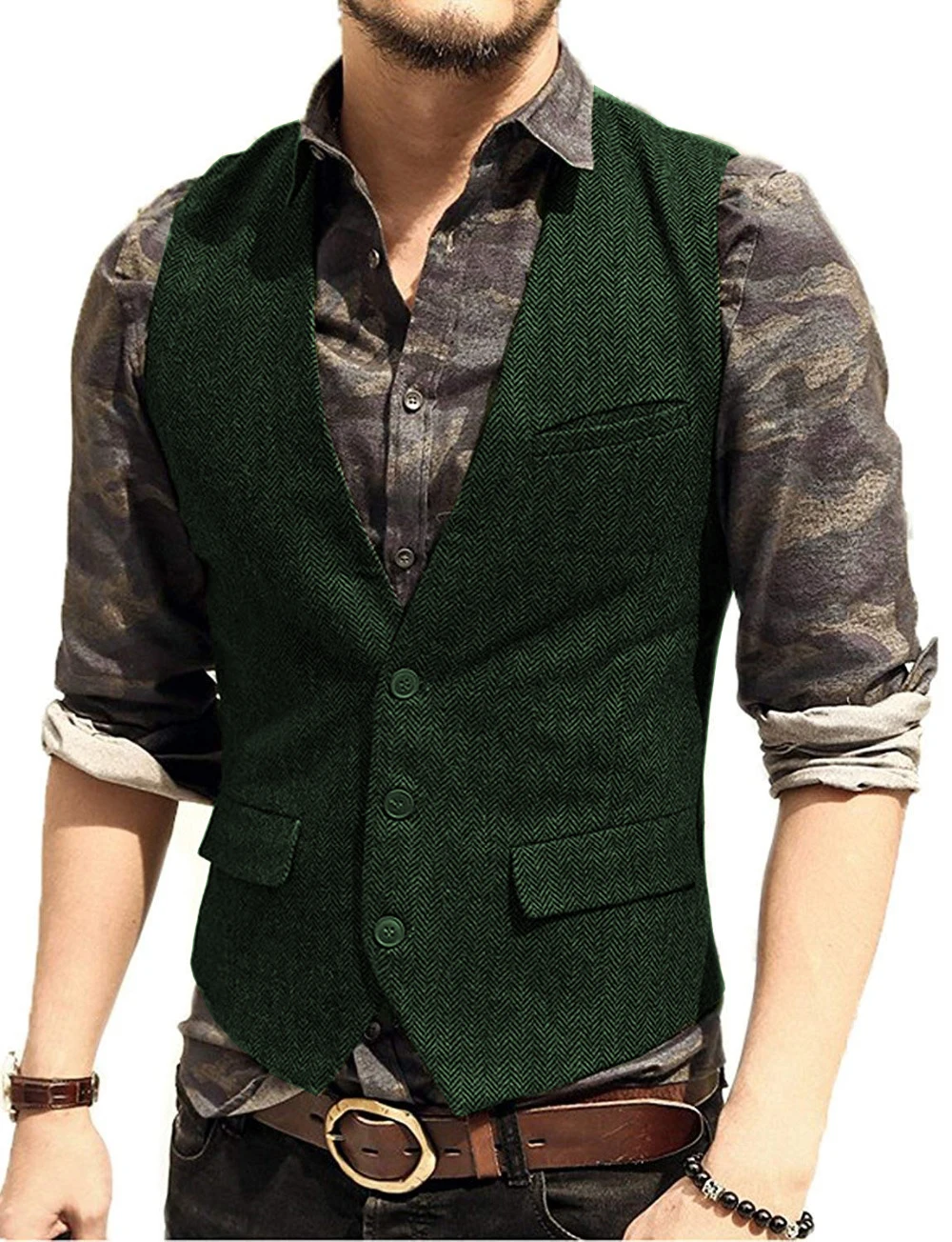 Men's Vest Army Green Slim Fit V Neck 