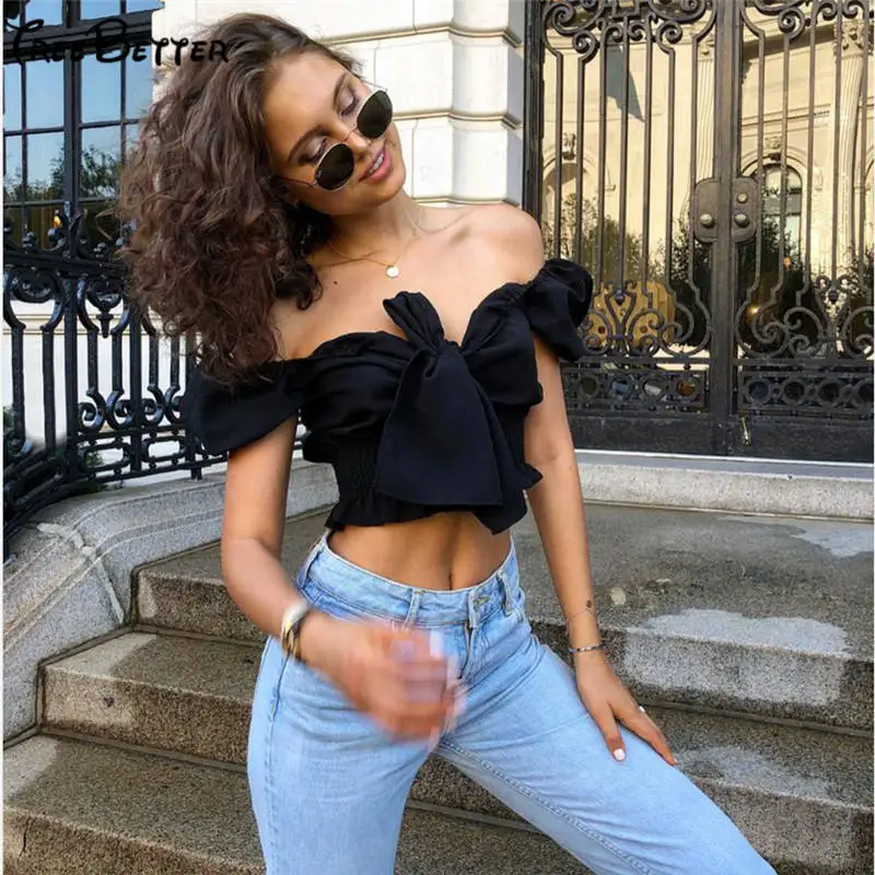 

Slash Neck Lace Up Bow Solid Crop Top Short Sleeve T Shirt Pullover